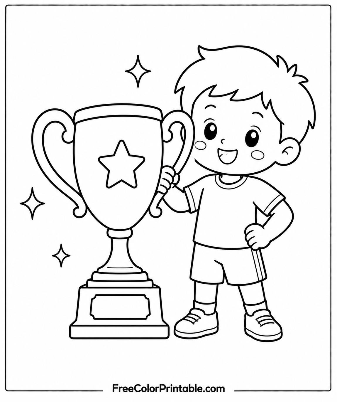 Child celebrating with trophy illustration Coloring Page — Free Printable — free printable coloring page